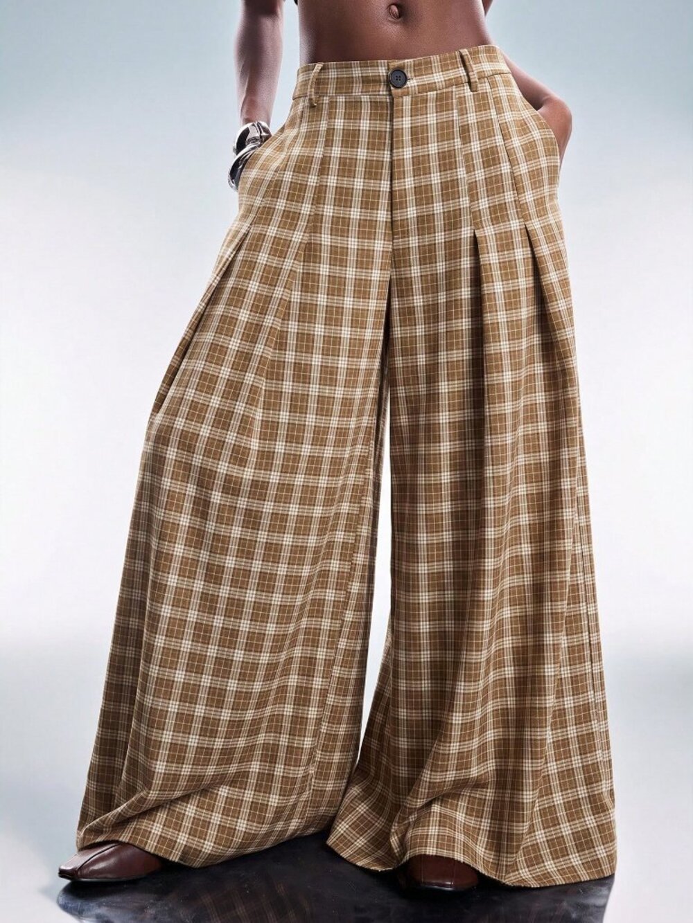Multicolor Casual Women's Plaid Loose Wide Leg Long Pants
